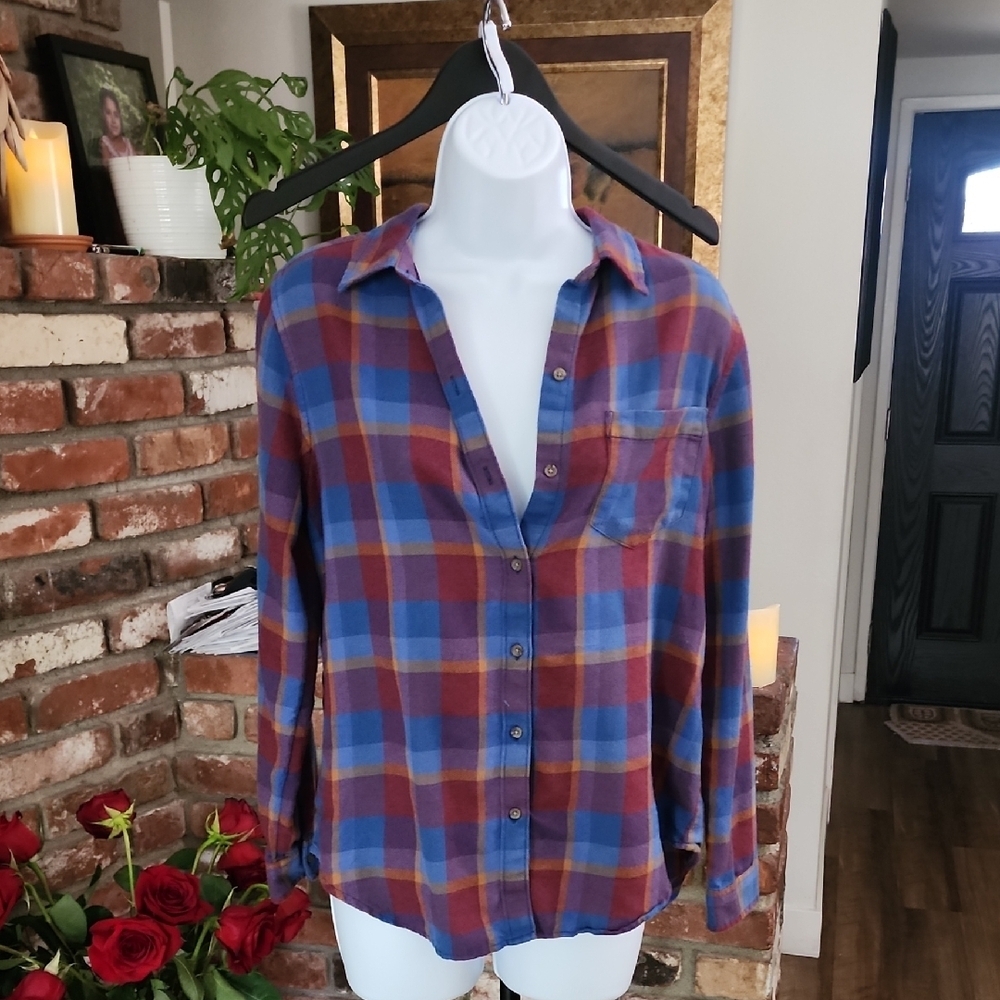 Prana Grunge Goddess Blue and Red Plaid Button-Up Shirt